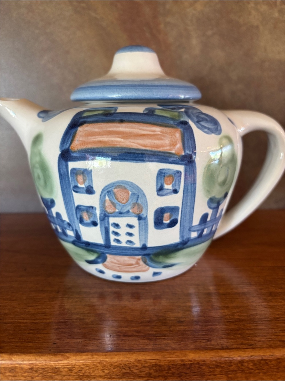 M A Hadley Vintage Hand-Painted Blue and Cream Ceramic Teapot with Cottage Motif